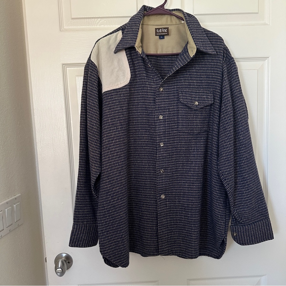 Unique Vintage Navy and Beige Checkered Flannel with suede shoulder